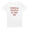 normal people scare me t-shirt white. By FRASED. Unisex heavy cotton tee with a crew neckline and graphic screen print, made from 100% cotton, featuring a classic fit and tear-away label for comfort.