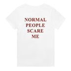 normal people scare me t-shirt white. By FRASED. Unisex heavy cotton tee with a crew neckline and graphic screen print, made from 100% cotton, featuring a classic fit and tear-away label for comfort.